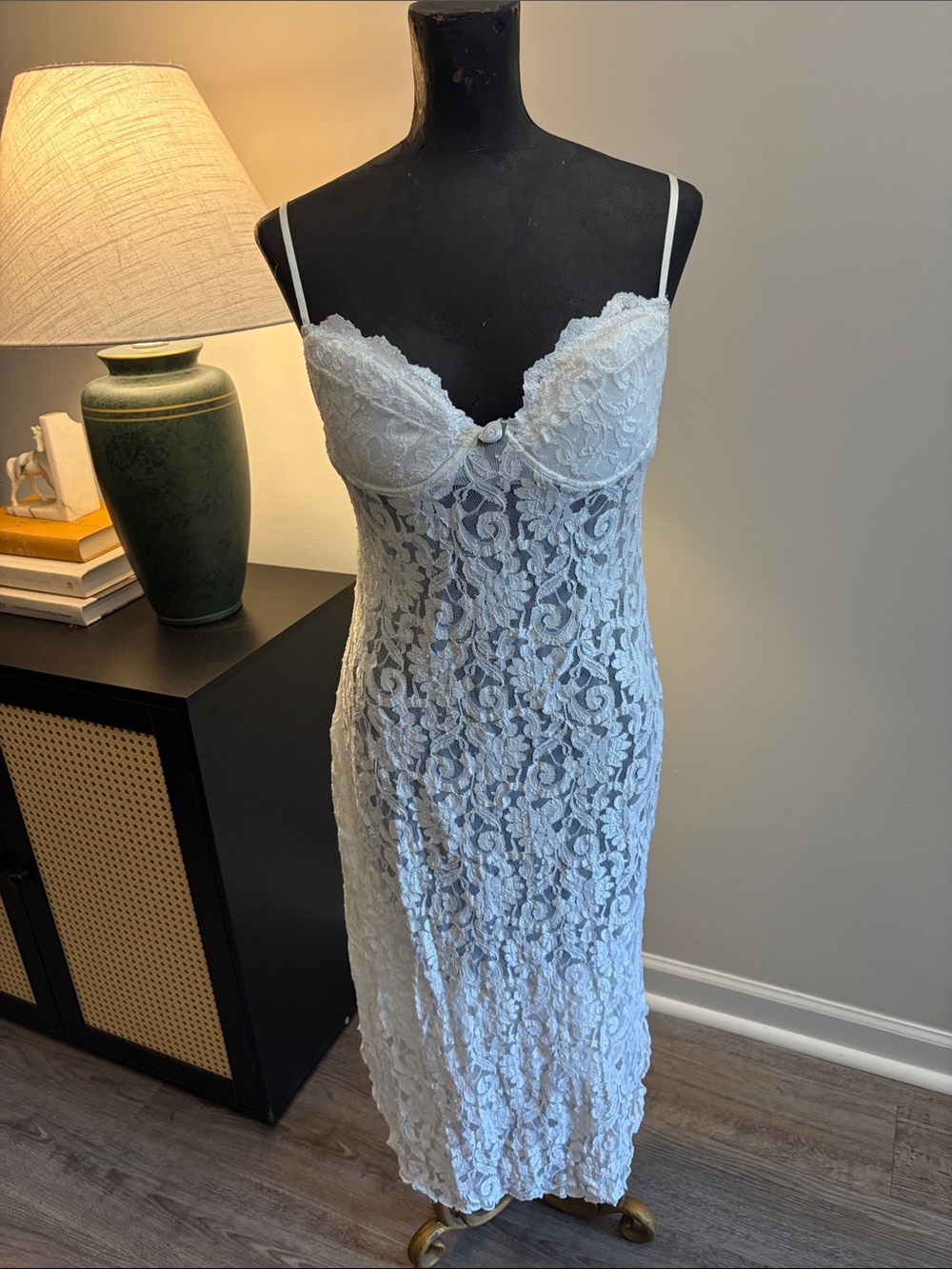 VTG Angel Ethereal Sheer White Lace Split Hem Slip Sleep Dress (M) Made in USA